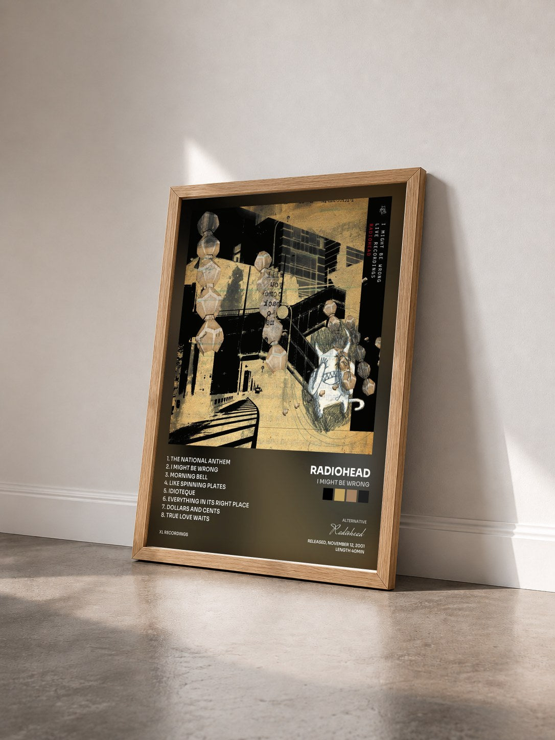 #bois Tableau de l'album I Might Be Wrong de Radiohead vu de trois quarts, cadre en bois brut