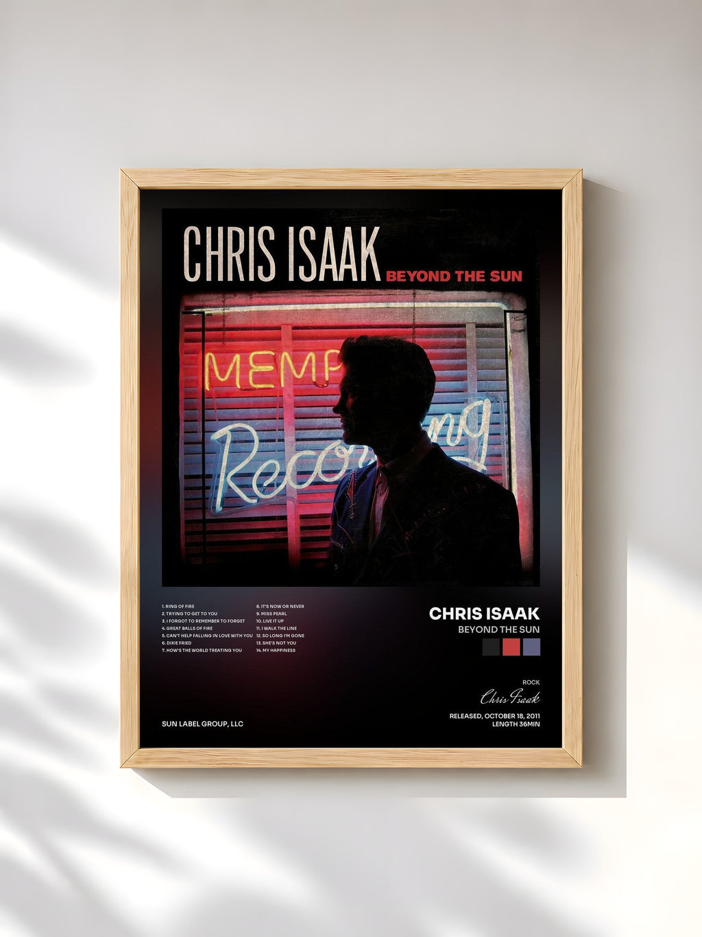 #bois Tableau de l'album Beyond The Sun de Chris Isaak, cadre en bois brut, imprimé et encadré en France