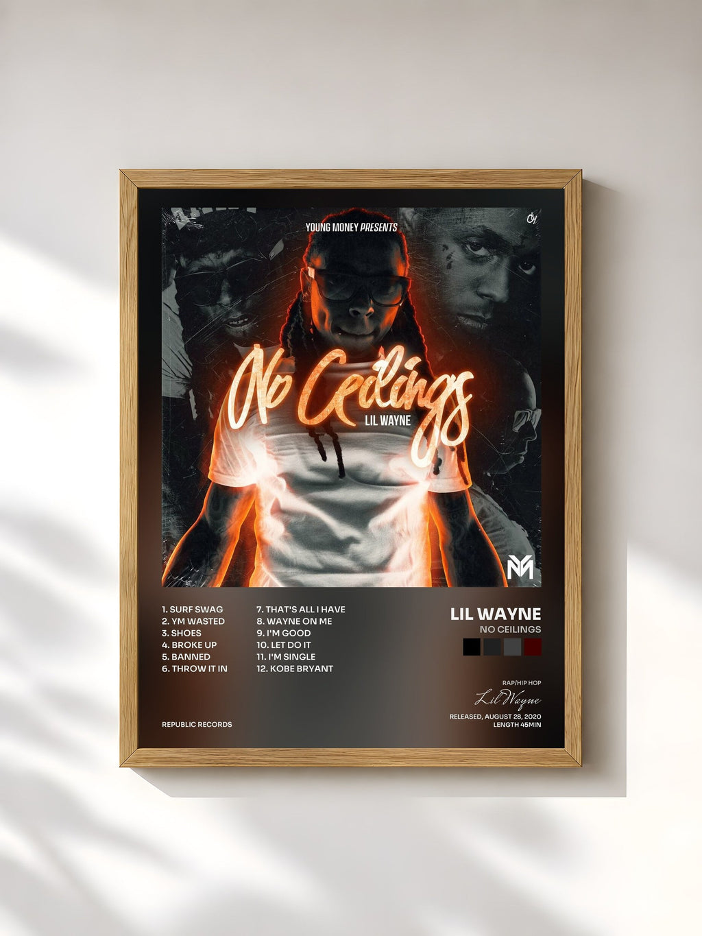 #bois Tableau de l'album No Ceilings de Lil Wayne, cadre en bois brut, imprimé et encadré en France