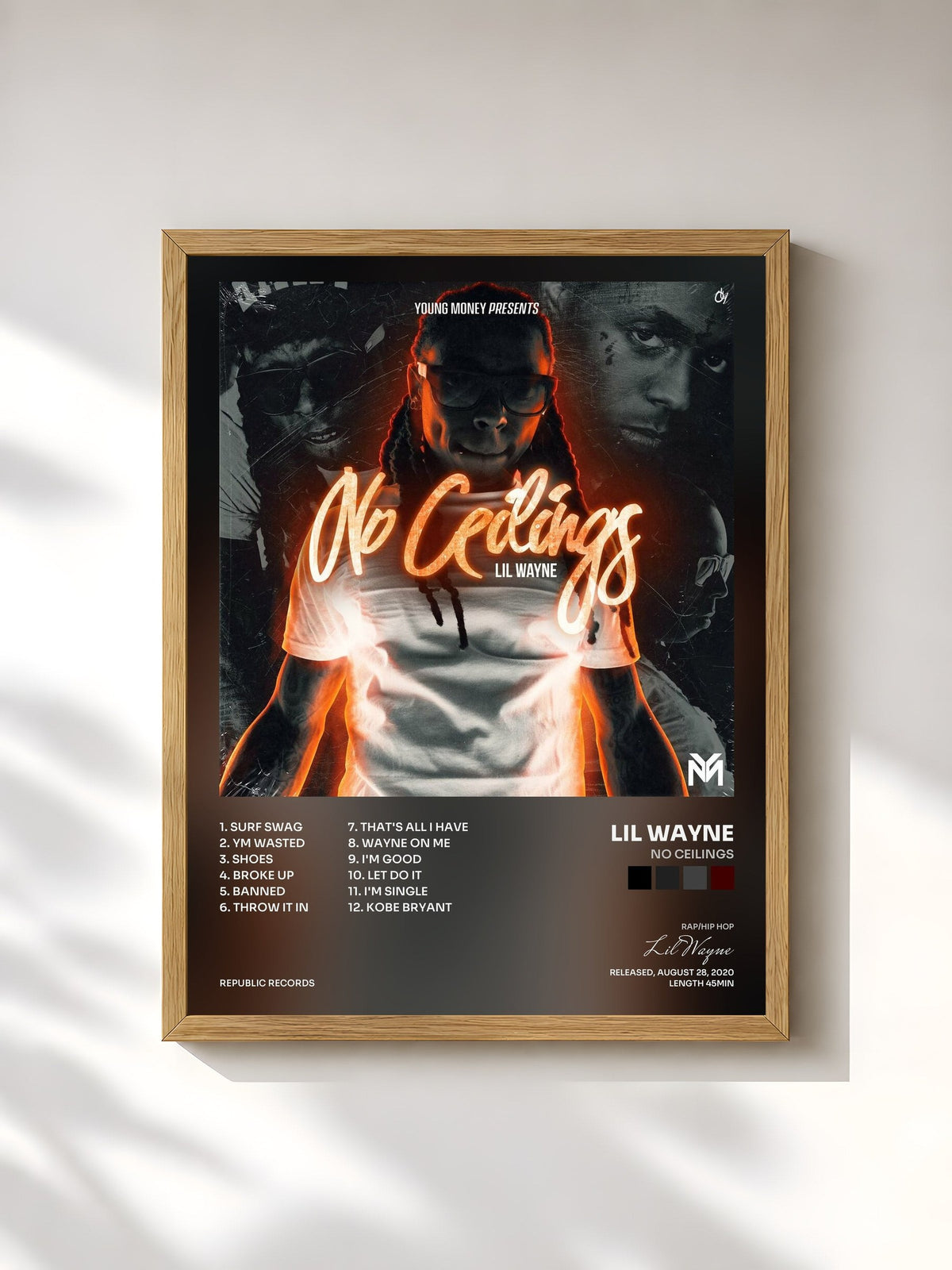 #bois Tableau de l'album No Ceilings de Lil Wayne, cadre en bois brut, imprimé et encadré en France