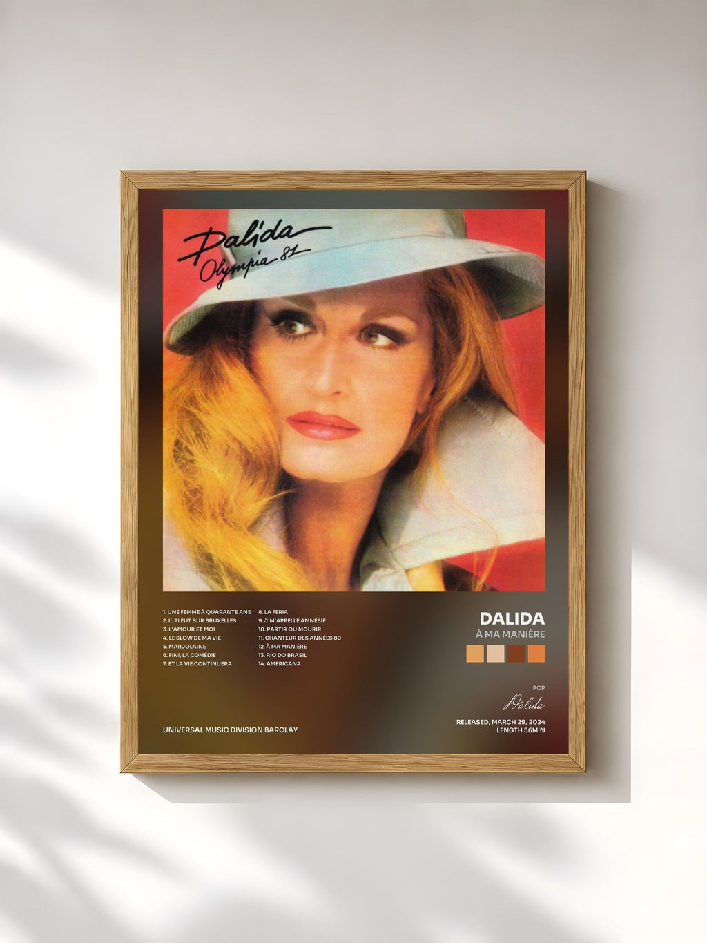 #bois Tableau de l'album À ma manière de Dalida, cadre en bois brut, imprimé et encadré en France