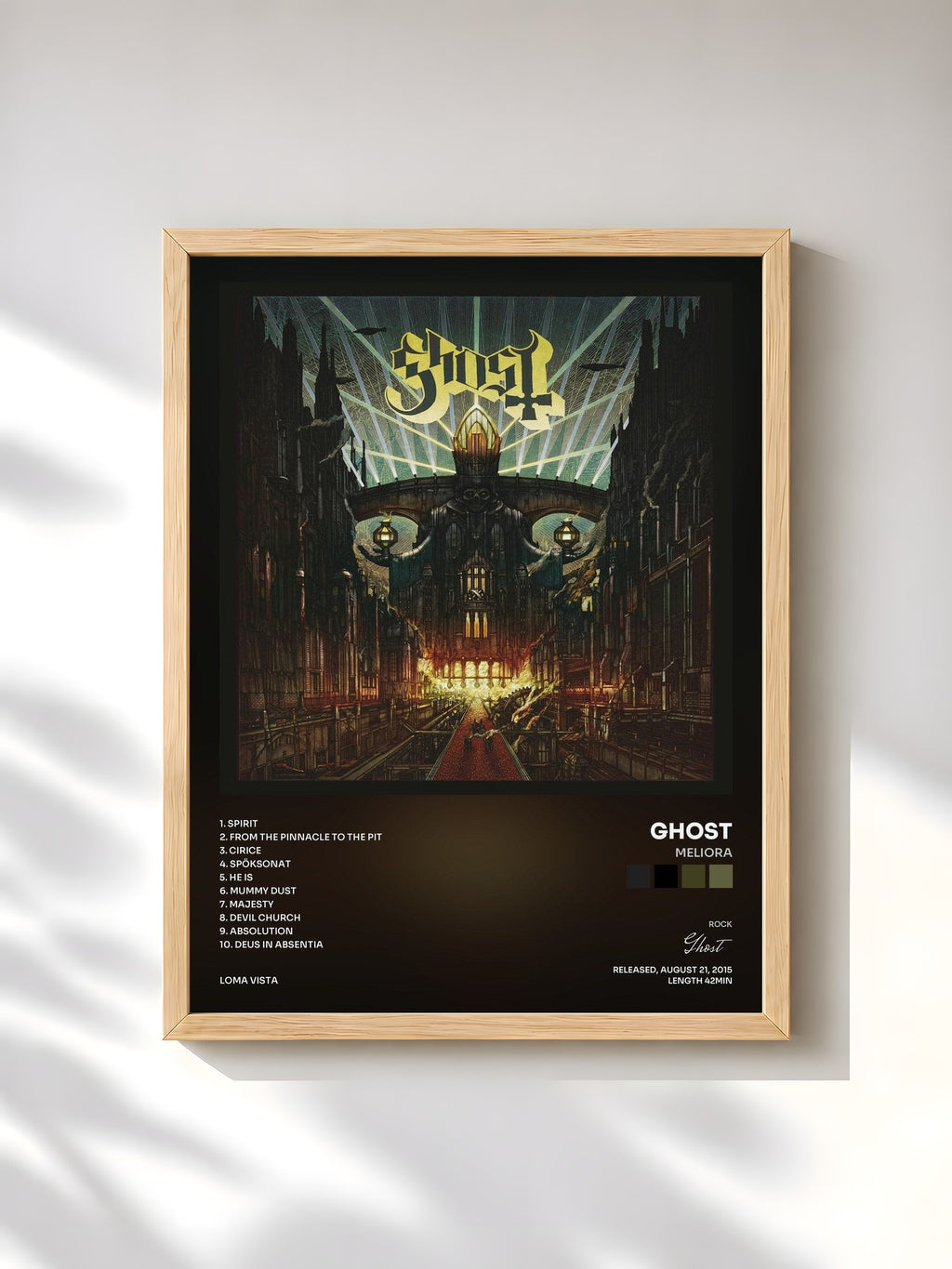 #bois Tableau de l'album Meliora de Ghost, cadre en bois brut, imprimé et encadré en France
