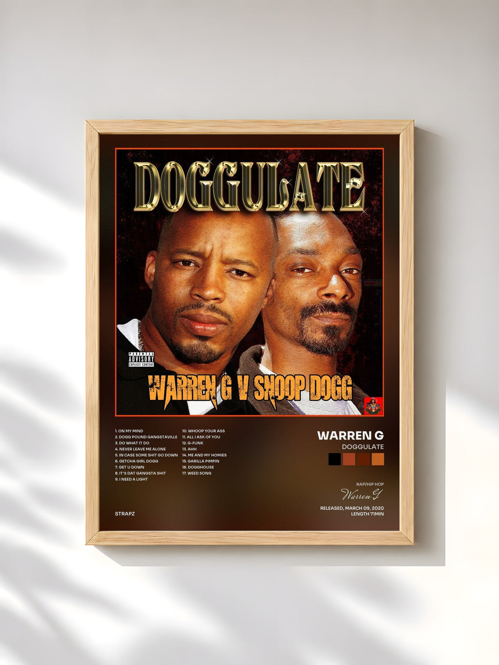 #bois Tableau de l'album Doggulate de Warren G, cadre en bois brut, imprimé et encadré en France