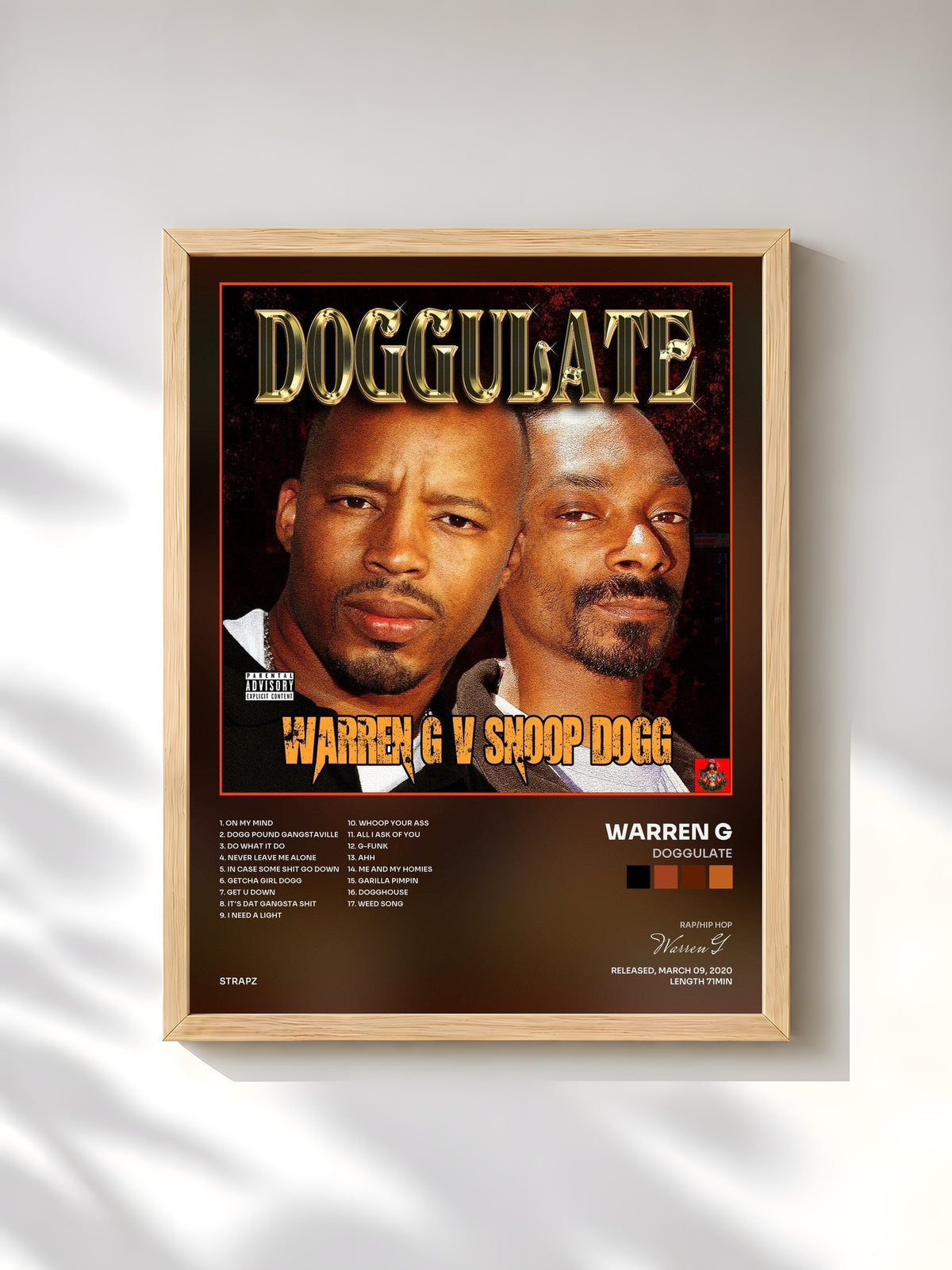 #bois Tableau de l'album Doggulate de Warren G, cadre en bois brut, imprimé et encadré en France