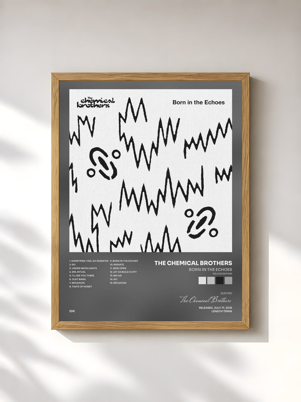 #bois Tableau de l'album Born In The Echoes (Deluxe Edition) de The Chemical Brothers, cadre en bois brut, imprimé et encadré en France