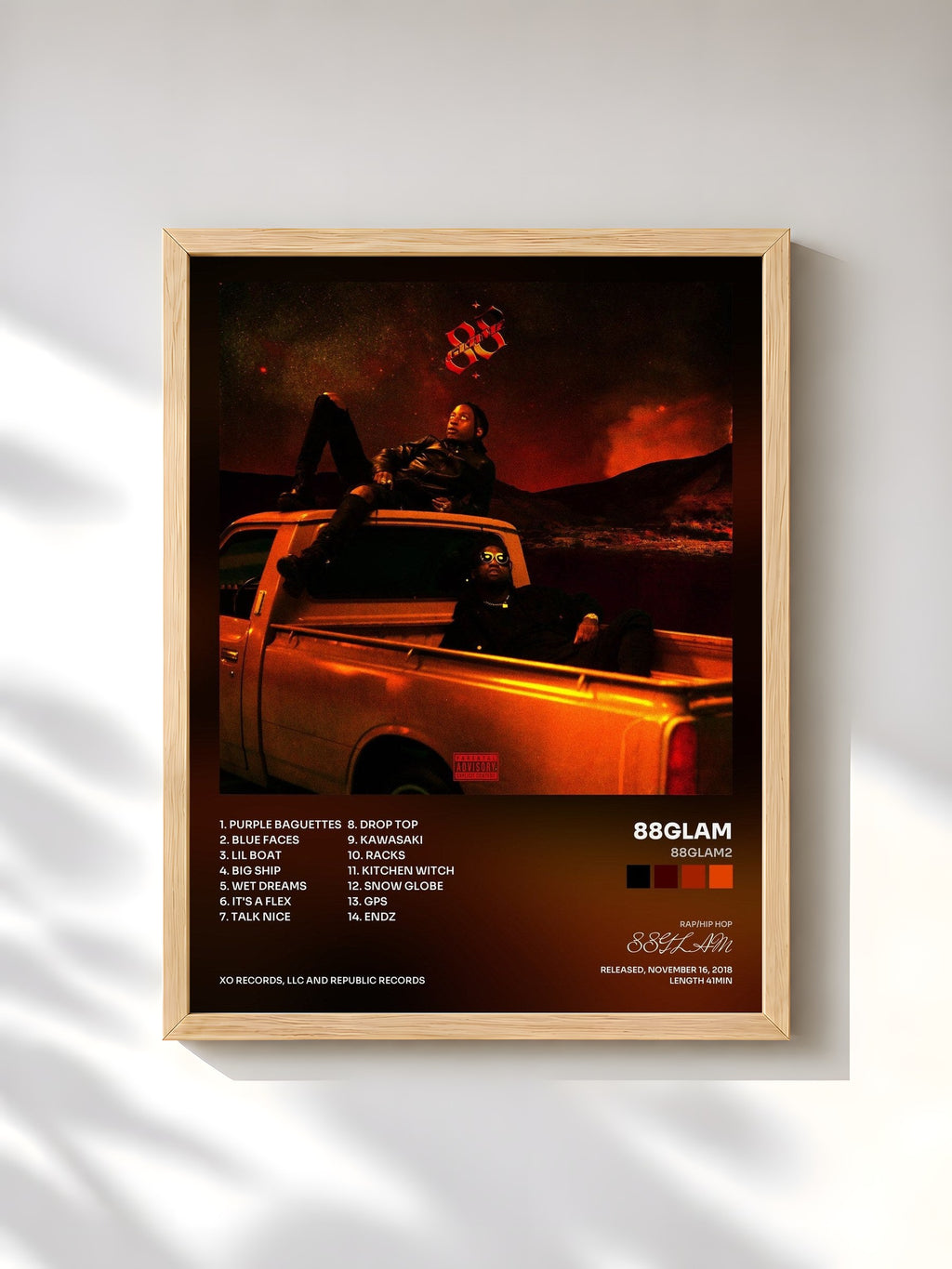 #bois Tableau de l'album 88GLAM2 de 88GLAM, cadre en bois brut, imprimé et encadré en France