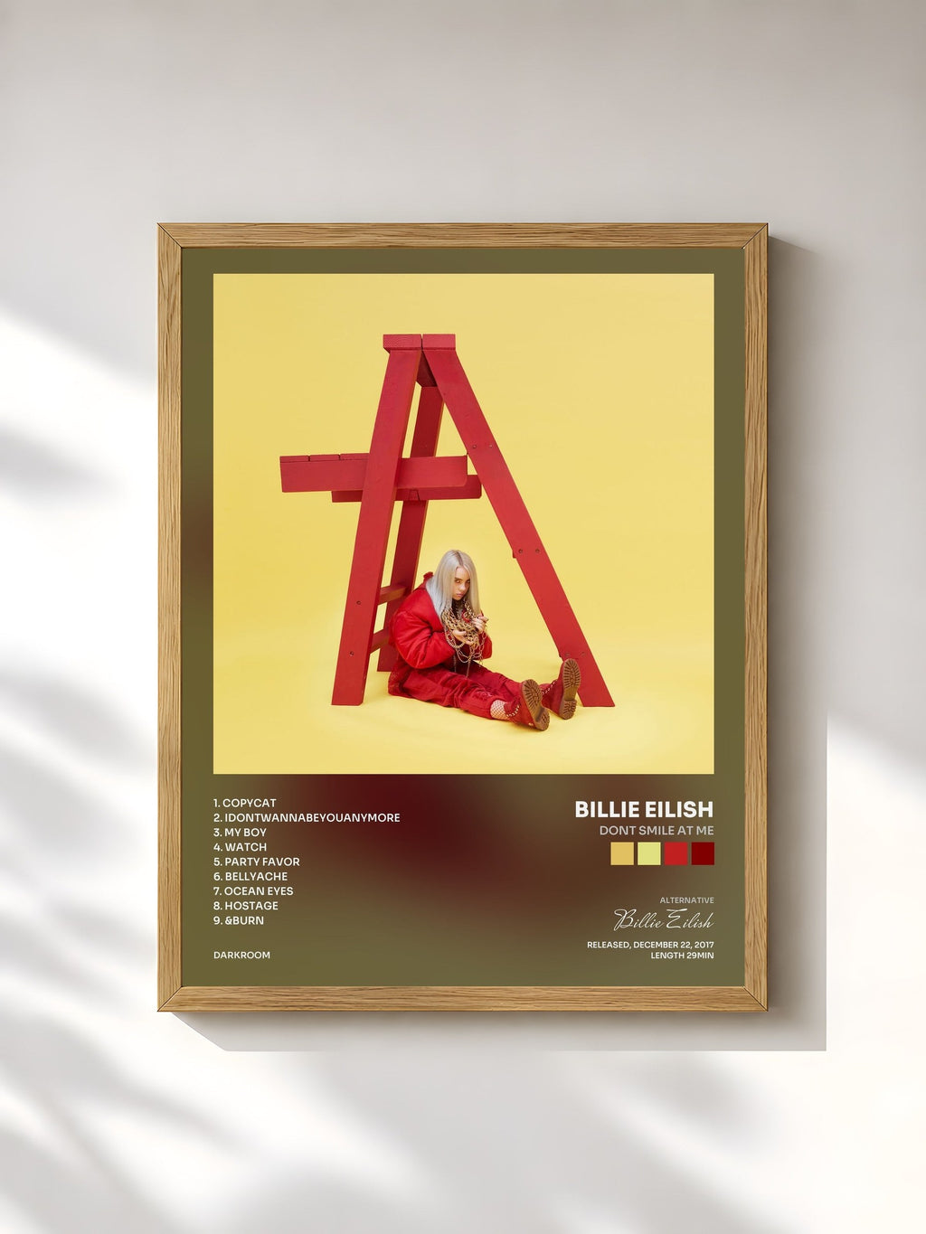 #bois Tableau de l'album dont smile at me de Billie Eilish, cadre en bois brut, imprimé et encadré en France