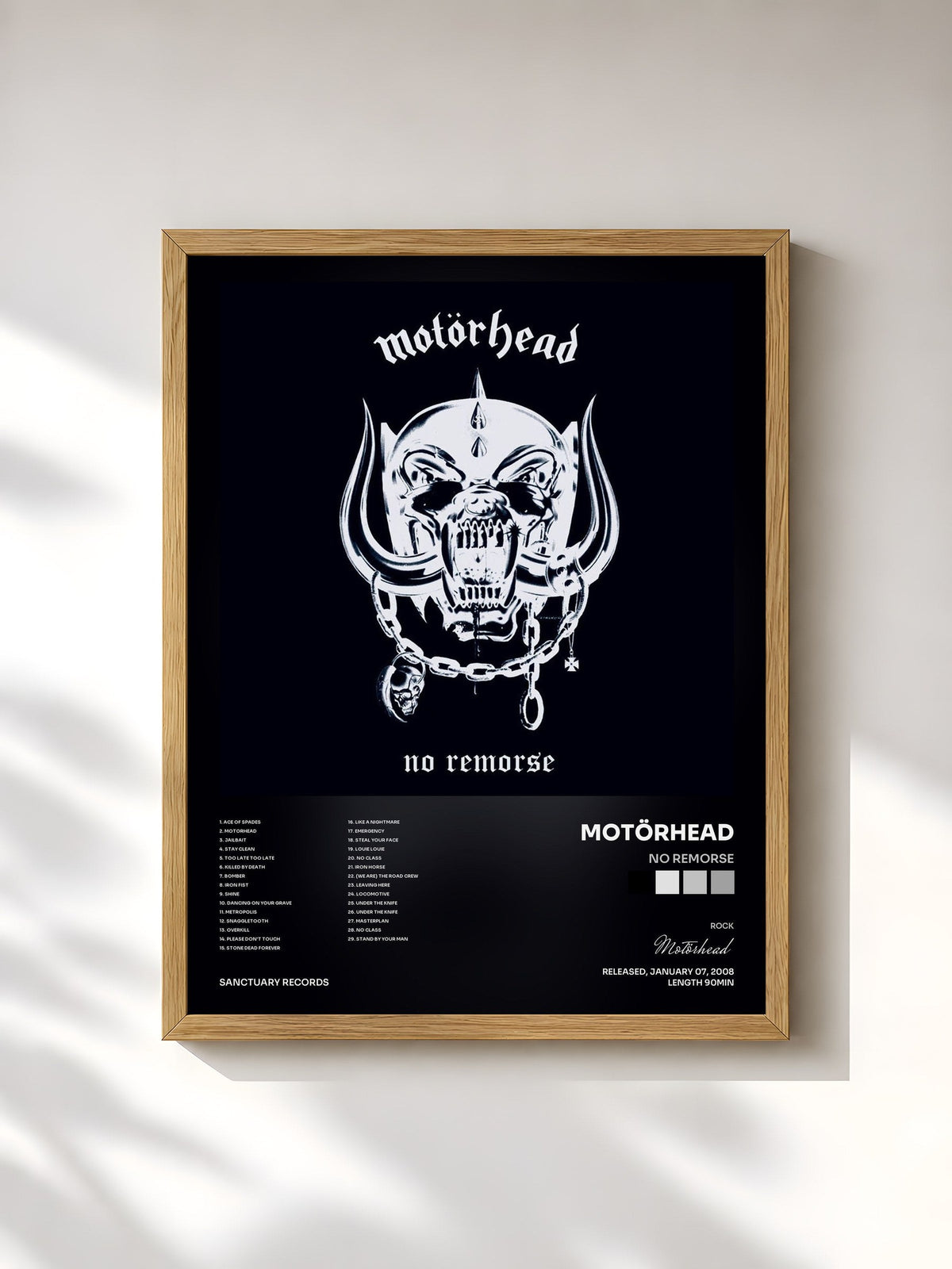 #bois Tableau de l'album No Remorse de Motörhead, cadre en bois brut, imprimé et encadré en France