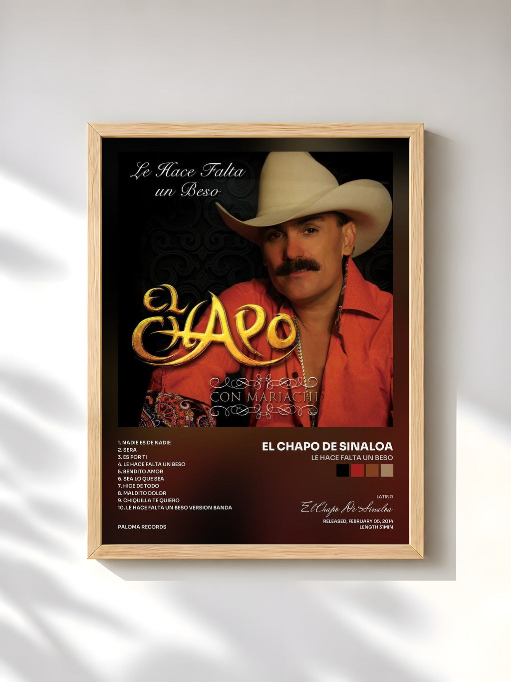 #bois Tableau de l'album Le Hace Falta Un Beso de El Chapo De Sinaloa, cadre en bois brut, imprimé et encadré en France