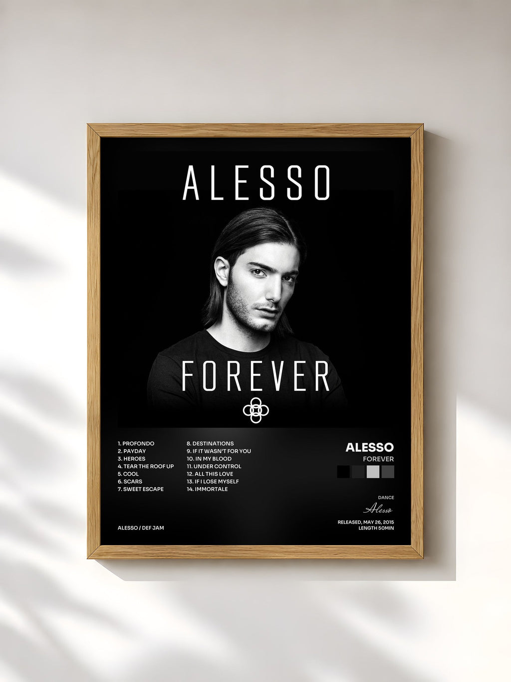 #bois Tableau de l'album Forever de Alesso, cadre en bois brut, imprimé et encadré en France