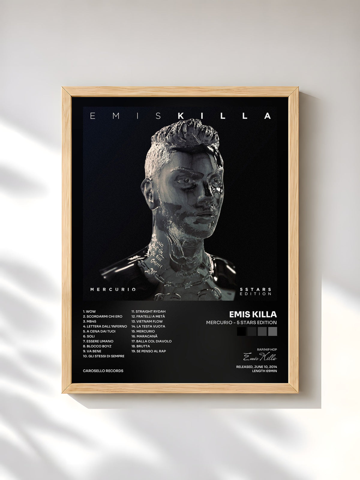 #bois Tableau de l'album Mercurio - 5 Stars Edition de Emis Killa, cadre en bois brut, imprimé et encadré en France