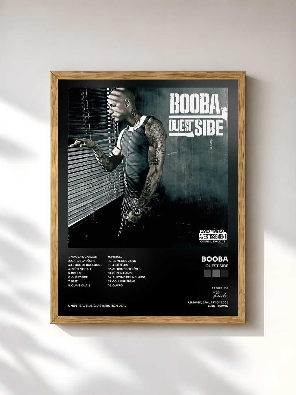 #bois Tableau de l'album Ouest Side de Booba, cadre en bois brut, imprimé et encadré en France