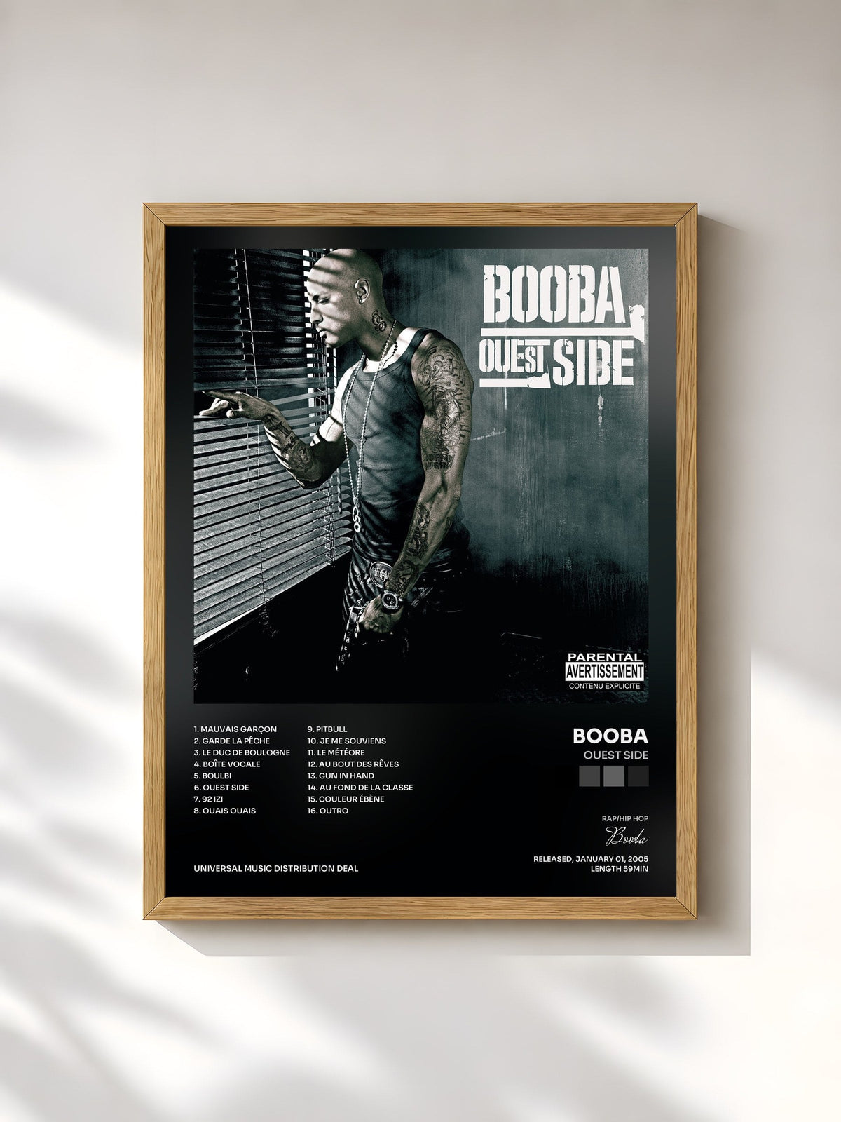 #bois Tableau de l'album Ouest Side de Booba, cadre en bois brut, imprimé et encadré en France