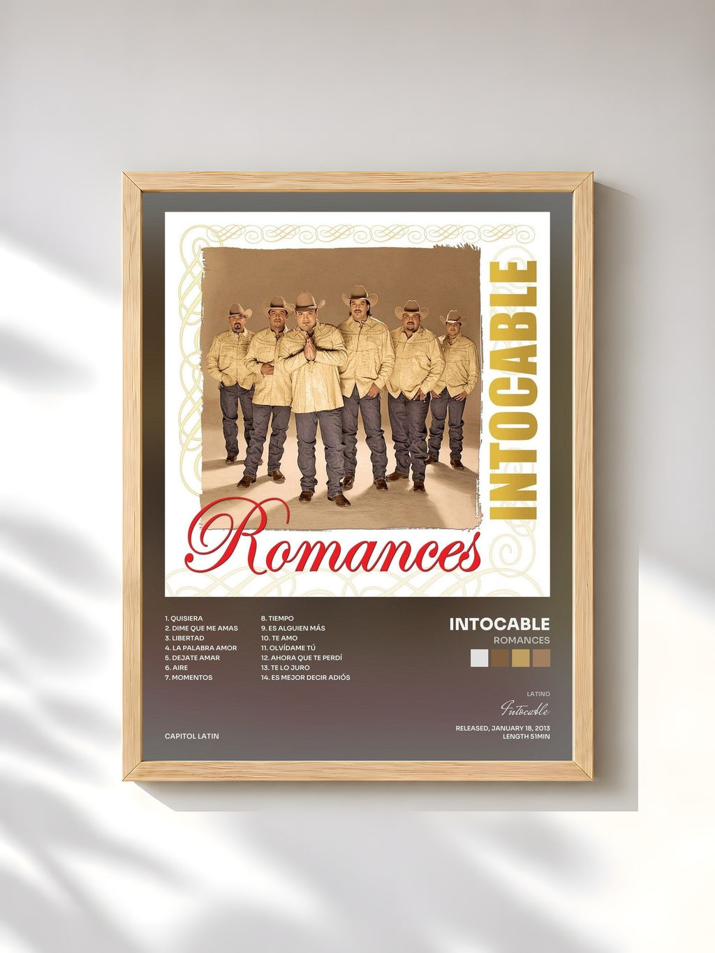 #bois Tableau de l'album Romances de Intocable, cadre en bois brut, imprimé et encadré en France