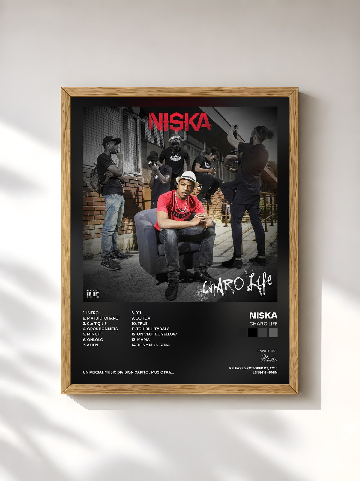 #bois Tableau de l'album Charo Life de Niska, cadre en bois brut, imprimé et encadré en France