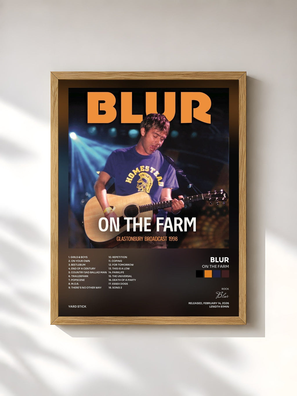 #bois Tableau de l'album On The Farm de Blur, cadre en bois brut, imprimé et encadré en France