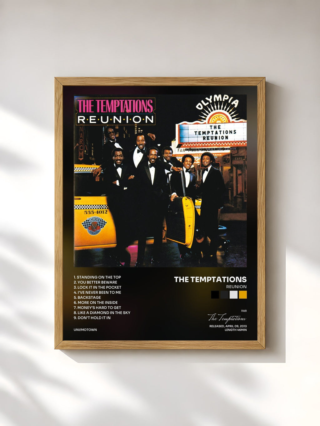 #bois Tableau de l'album Reunion de The Temptations, cadre en bois brut, imprimé et encadré en France