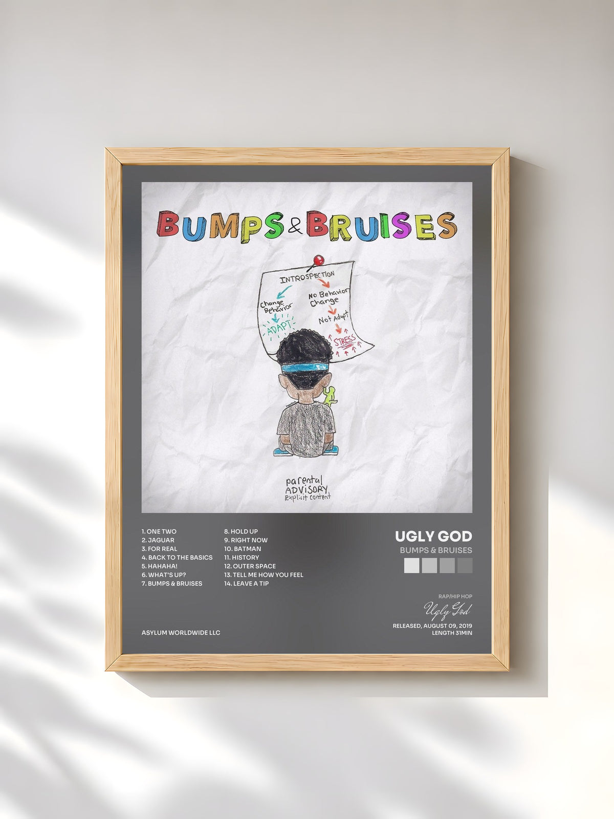 #bois Tableau de l'album Bumps & Bruises de Ugly God, cadre en bois brut, imprimé et encadré en France
