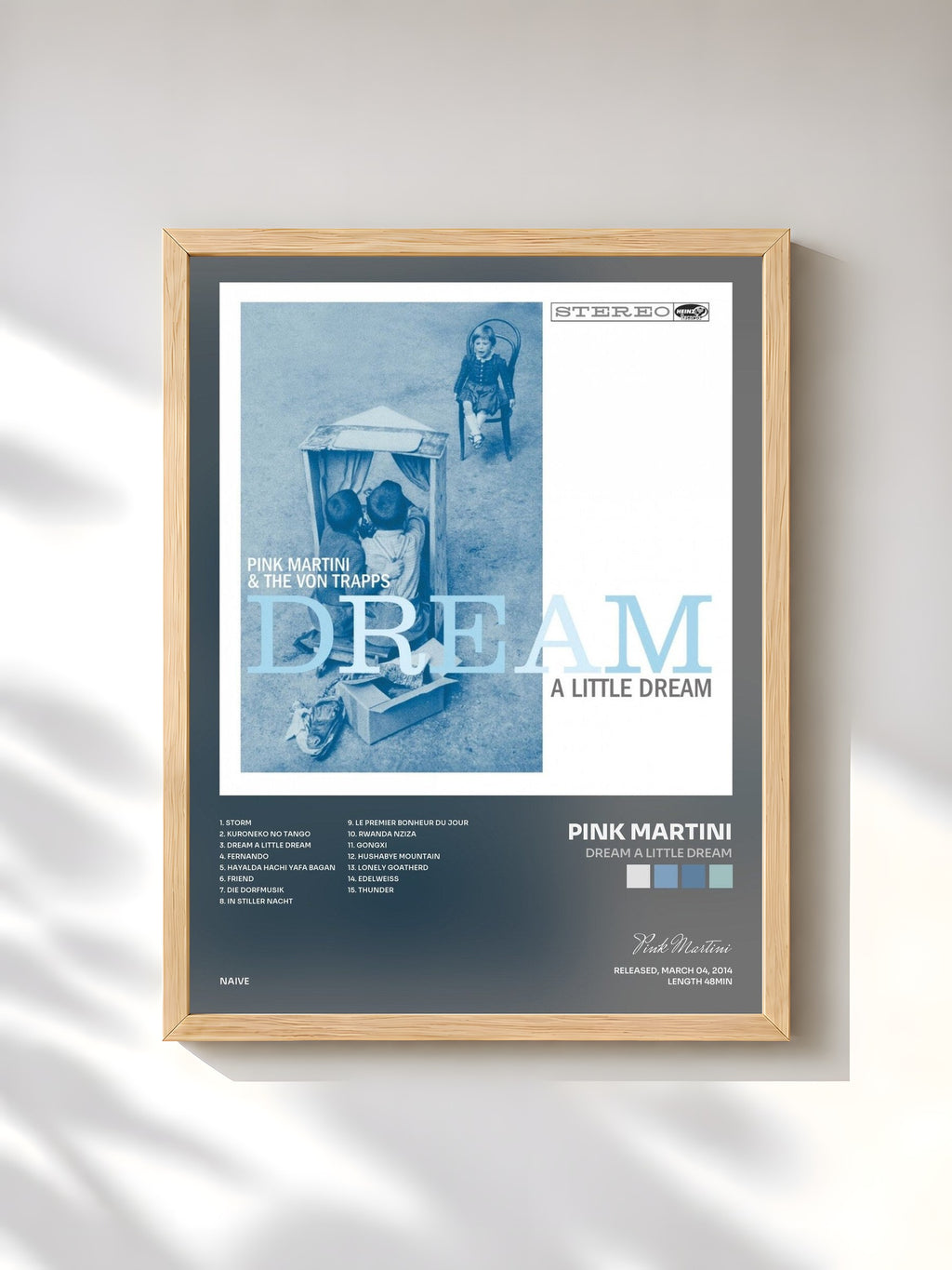 #bois Tableau de l'album Dream a Little Dream de Pink Martini, cadre en bois brut, imprimé et encadré en France