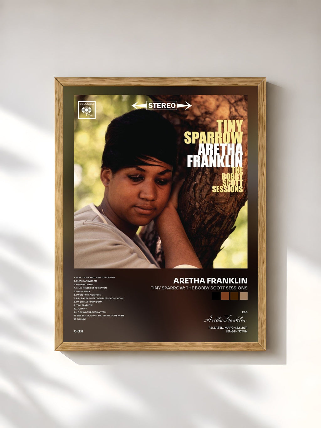 #bois Tableau de l'album Tiny Sparrow: The Bobby Scott Sessions de Aretha Franklin, cadre en bois brut, imprimé et encadré en France