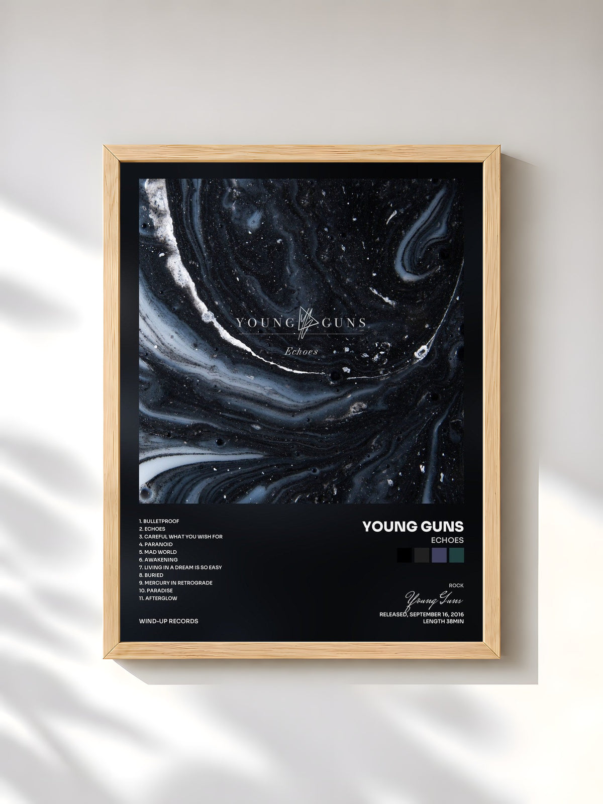 #bois Tableau de l'album Echoes de Young Guns, cadre en bois brut, imprimé et encadré en France