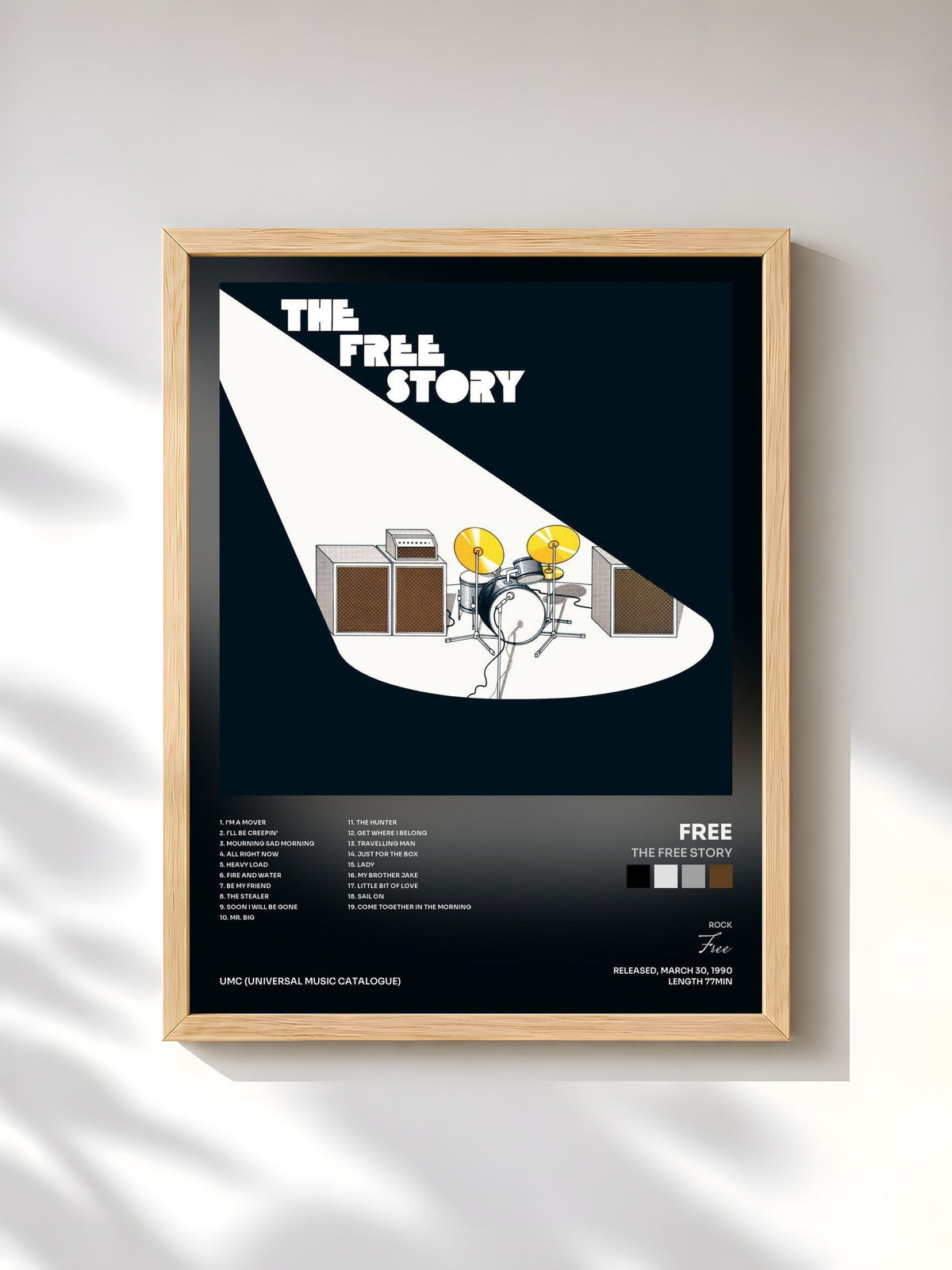 #bois Tableau de l'album The Free Story de Free, cadre en bois brut, imprimé et encadré en France