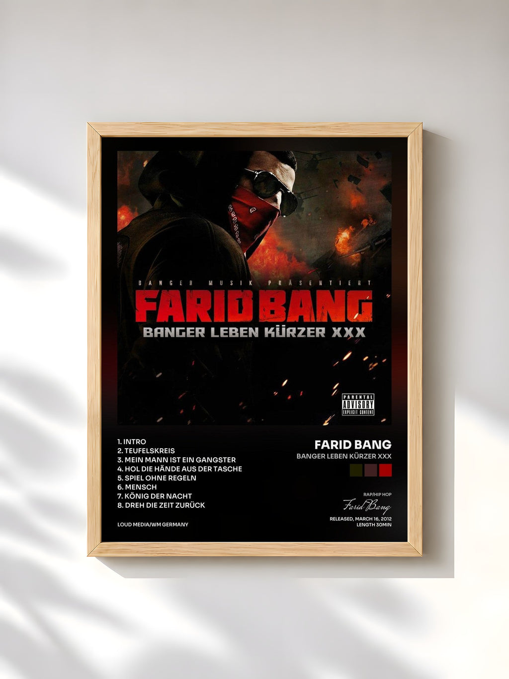 #bois Tableau de l'album Banger leben kürzer XXX de Farid Bang, cadre en bois brut, imprimé et encadré en France