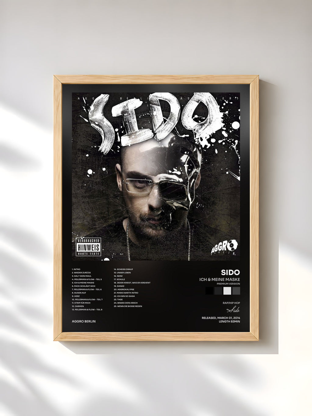 #bois Tableau de l'album Ich & meine Maske (Premium Version) de Sido, cadre en bois brut, imprimé et encadré en France