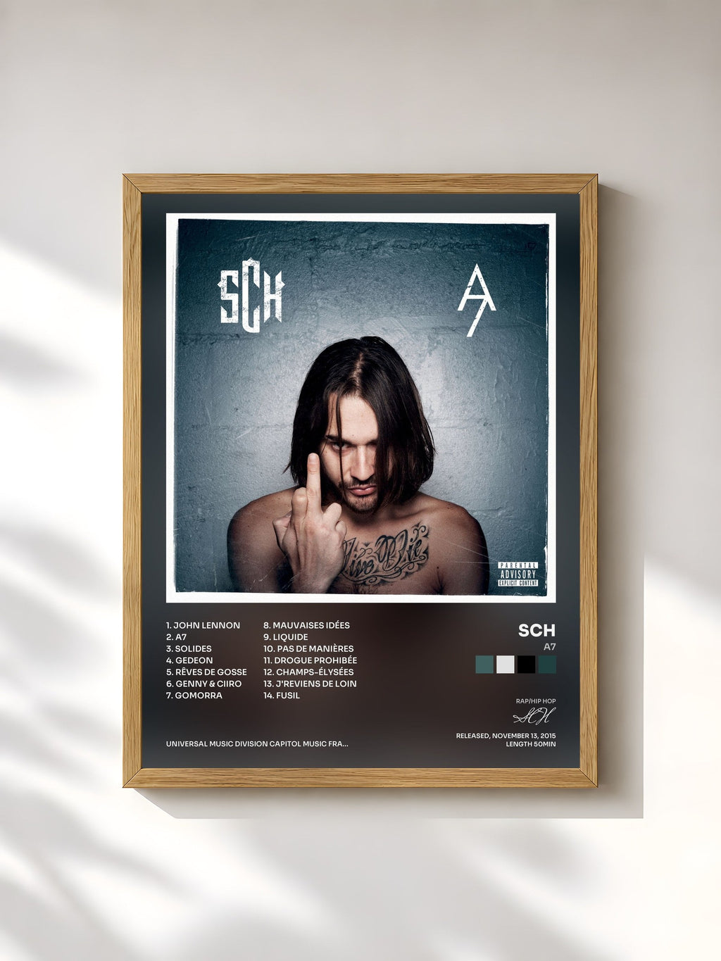 #bois Tableau de l'album A7 de SCH, cadre en bois brut, imprimé et encadré en France