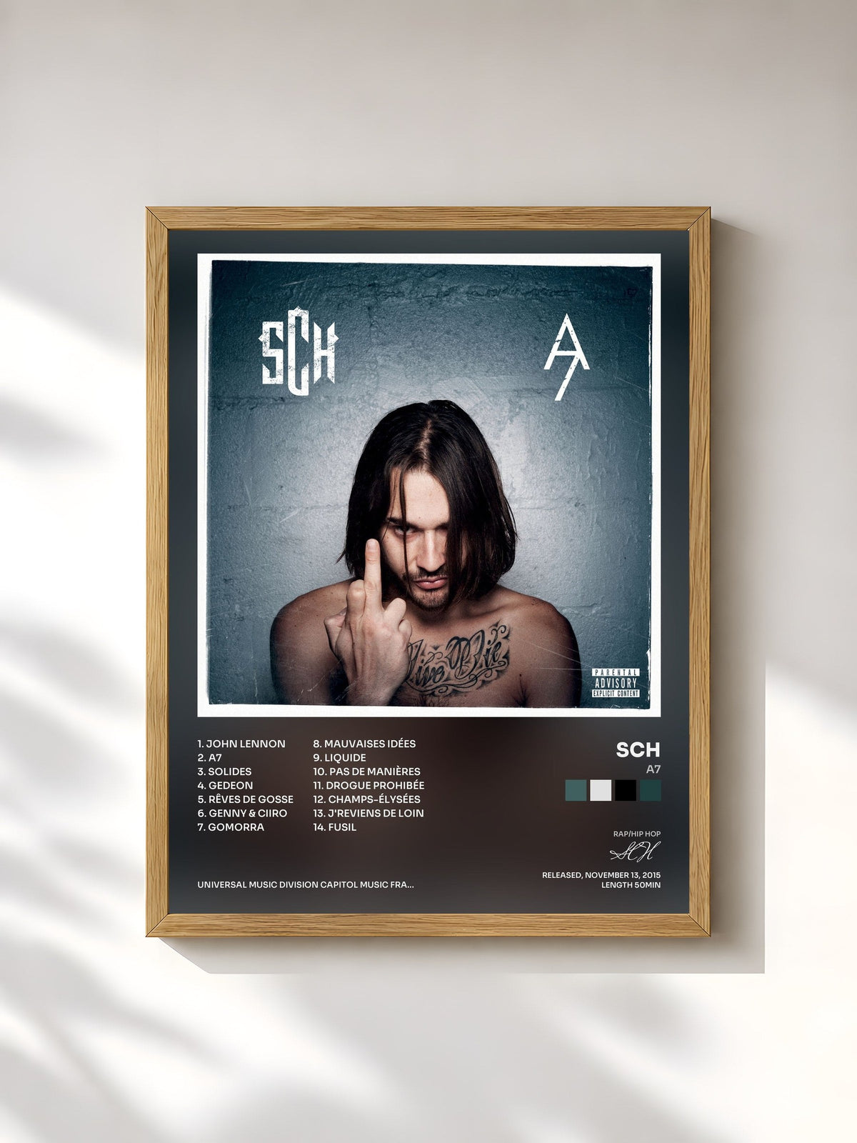 #bois Tableau de l'album A7 de SCH, cadre en bois brut, imprimé et encadré en France