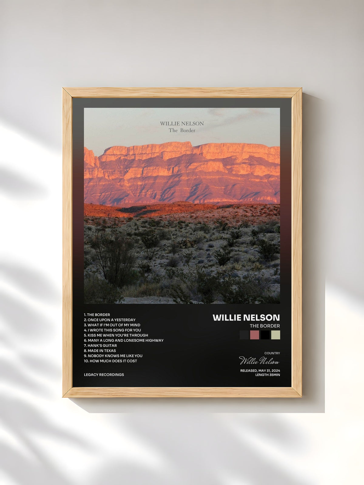 #bois Tableau de l'album The Border de Willie Nelson, cadre en bois brut, imprimé et encadré en France
