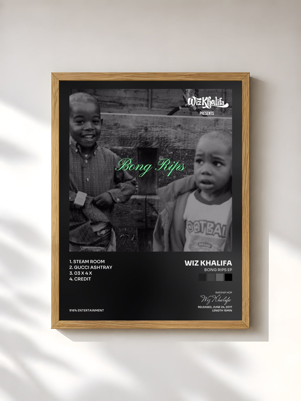 #bois Tableau de l'album Bong Rips EP de Wiz Khalifa, cadre en bois brut, imprimé et encadré en France