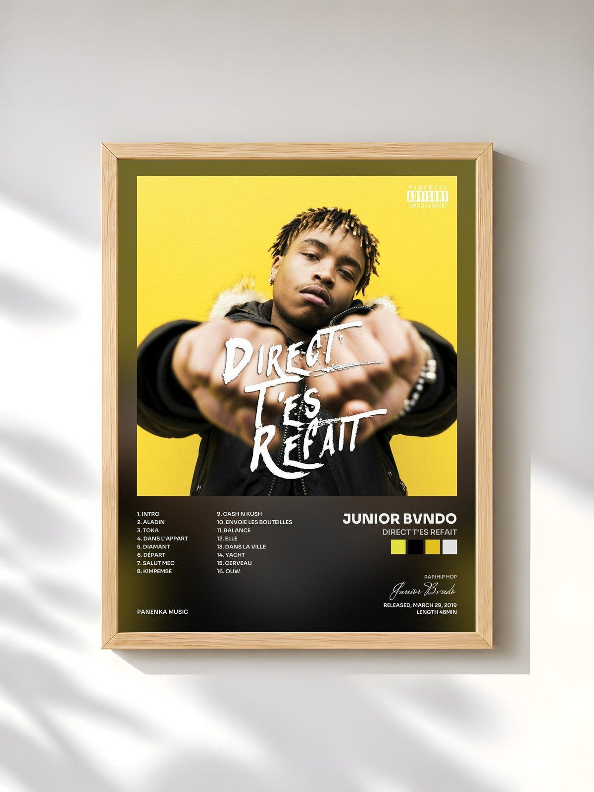 #bois Tableau de l'album Direct T'es Refait de Junior Bvndo, cadre en bois brut, imprimé et encadré en France