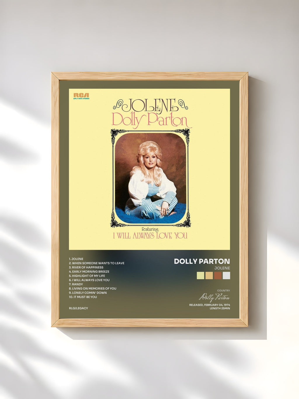 #bois Tableau de l'album Jolene de Dolly Parton, cadre en bois brut, imprimé et encadré en France