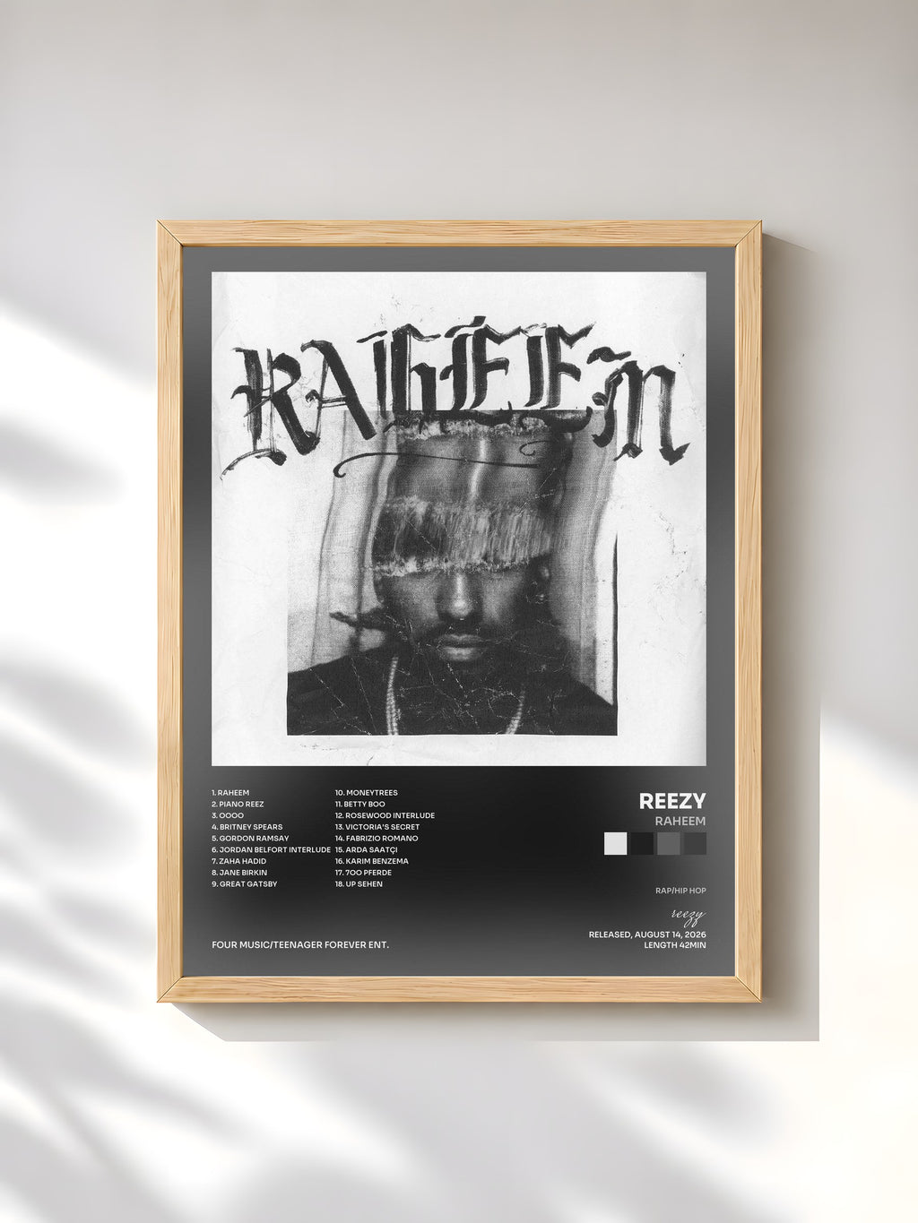 #bois Tableau de l'album RAHEEM de reezy, cadre en bois brut, imprimé et encadré en France