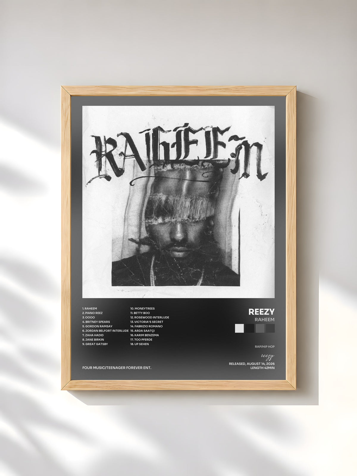 #bois Tableau de l'album RAHEEM de reezy, cadre en bois brut, imprimé et encadré en France