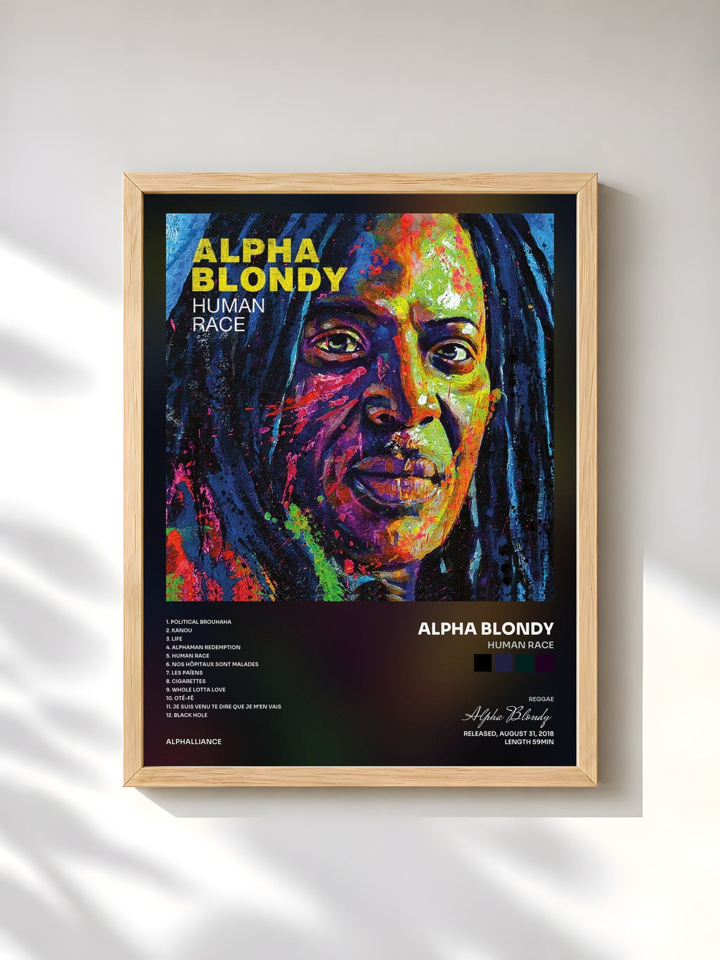 #bois Tableau de l'album Human Race de Alpha Blondy, cadre en bois brut, imprimé et encadré en France