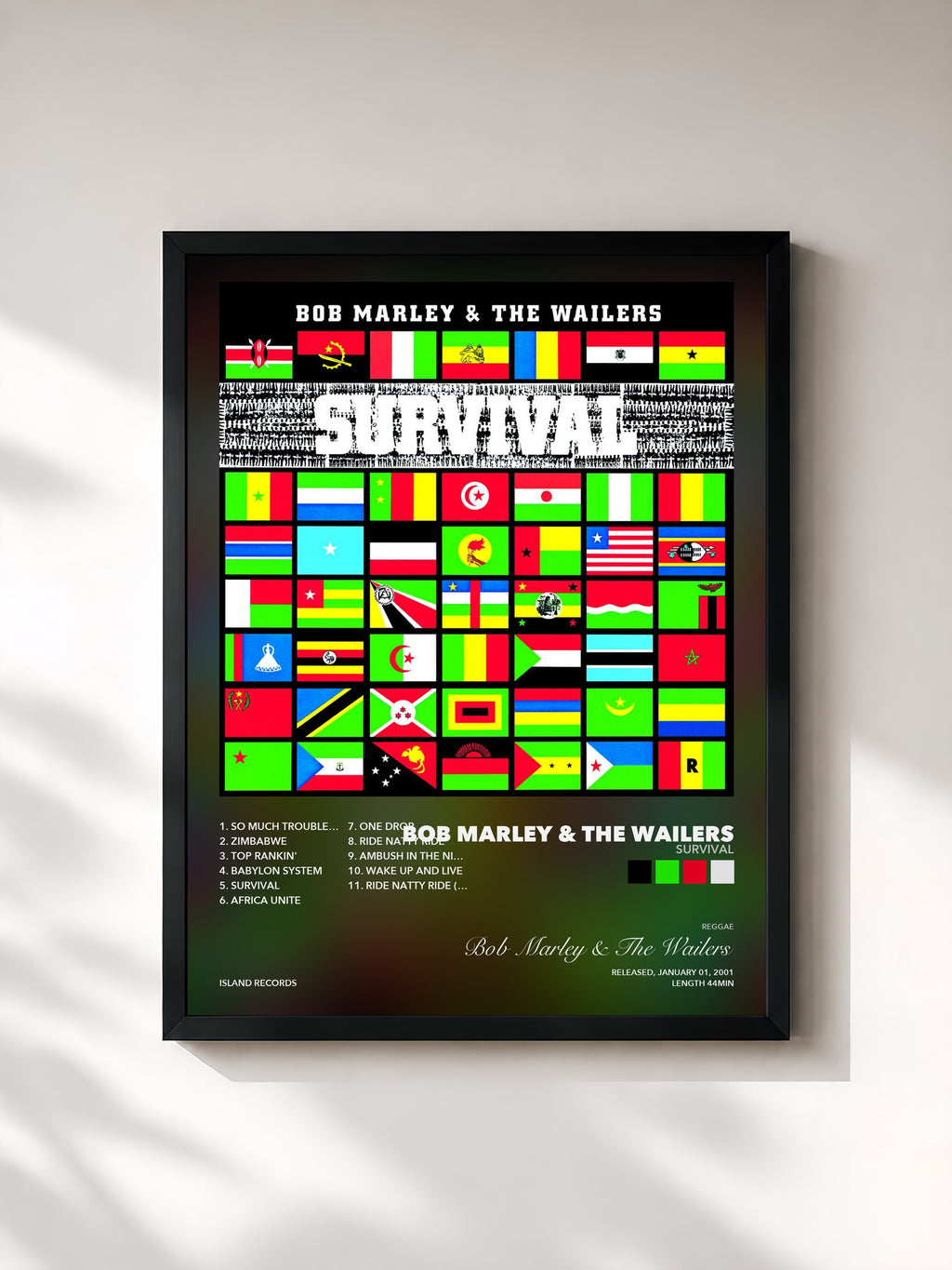 Tableau de l'album Survival de Bob Marley & The Wailers, imprimé et encadré en France