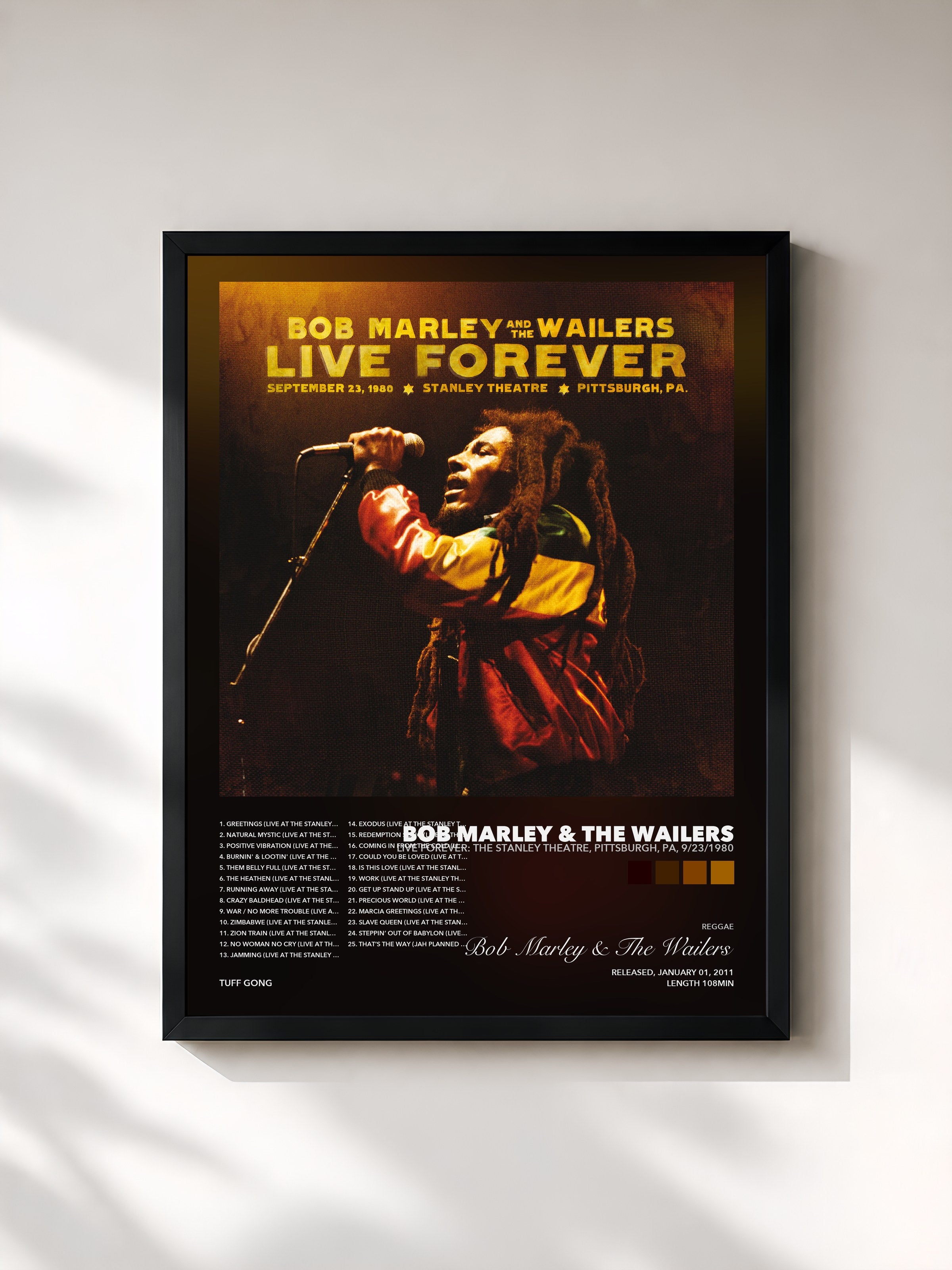 Tableau de l'album Live Forever: The Stanley Theatre, Pittsburgh, PA, 9/23/1980 de Bob Marley & The Wailers, imprimé et encadré en France