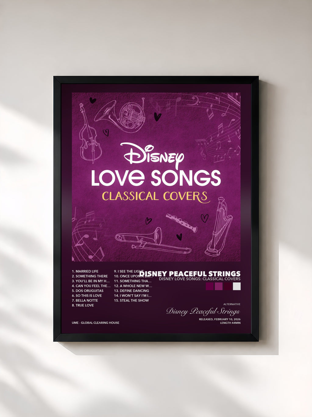 Tableau de l'album Disney Love Songs: Classical Covers de Disney Peaceful Strings, imprimé et encadré en France