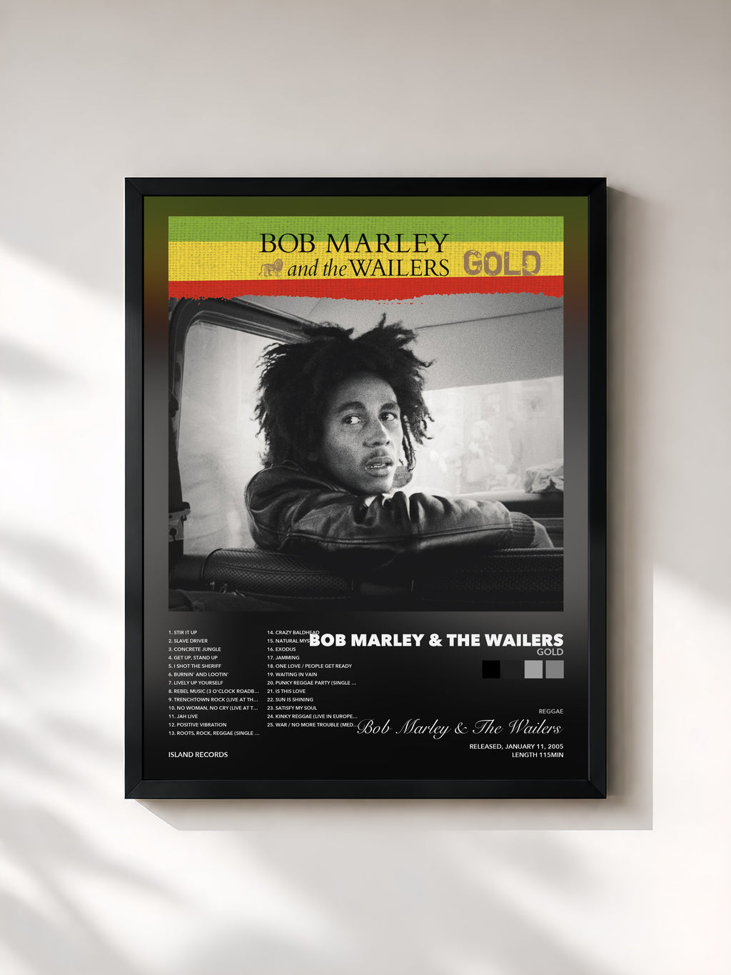 Tableau de l'album Gold de Bob Marley & The Wailers, imprimé et encadré en France