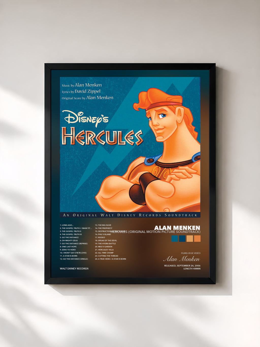 Tableau de l'album Hercules (Original Motion Picture Soundtrack) de Alan Menken, imprimé et encadré en France