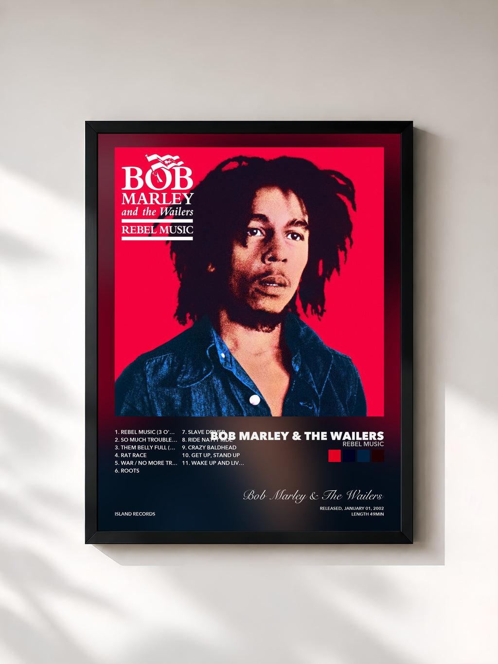 Tableau de l'album Rebel Music de Bob Marley & The Wailers, imprimé et encadré en France