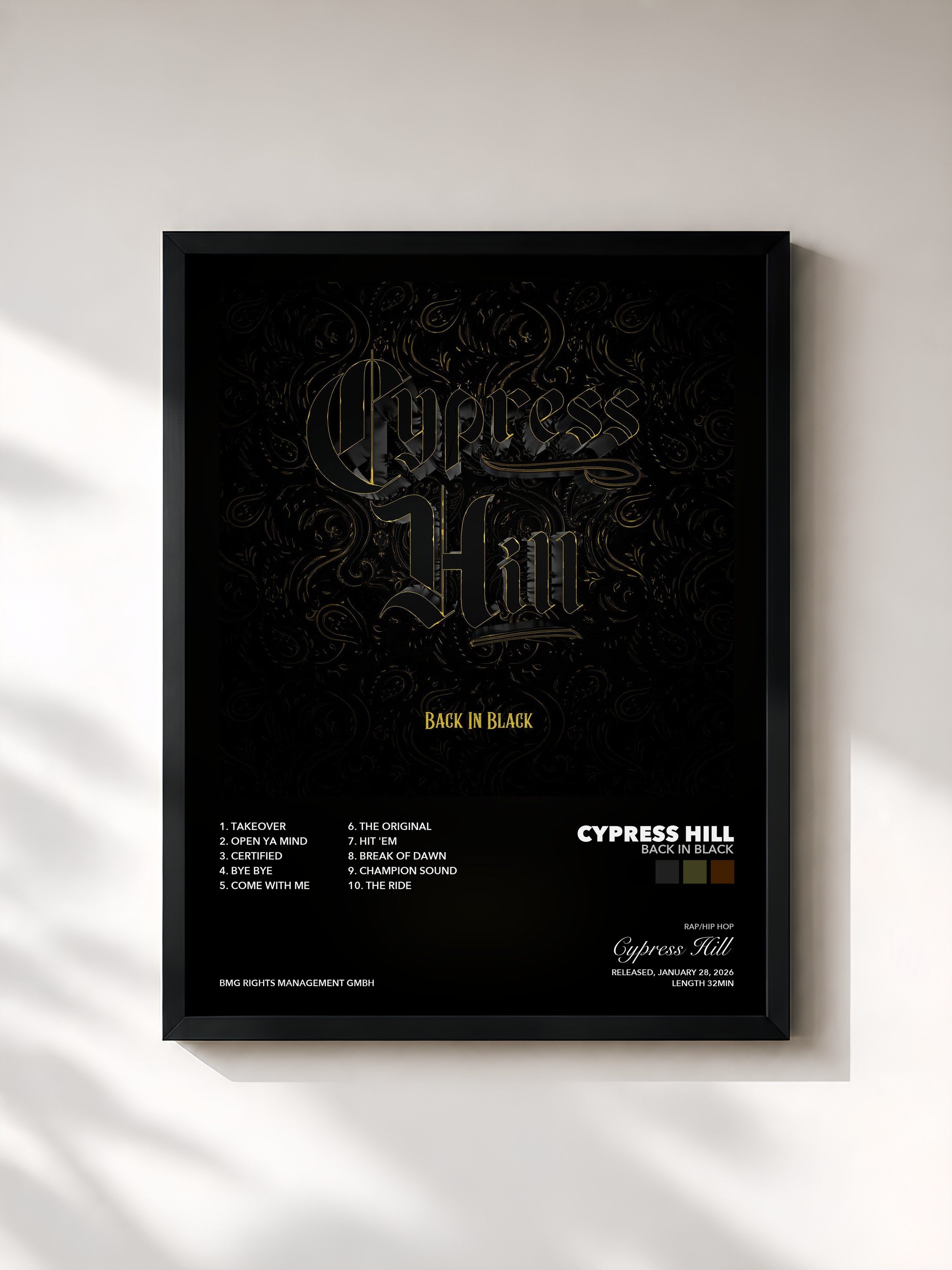 Tableau de l'album Back in Black de Cypress Hill, imprimé et encadré en France