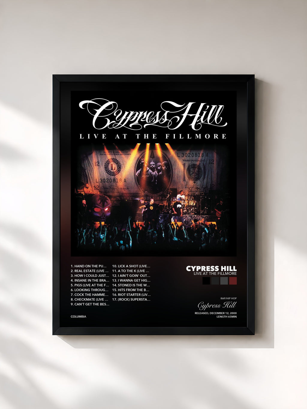 Tableau de l'album Live At The Fillmore de Cypress Hill, imprimé et encadré en France