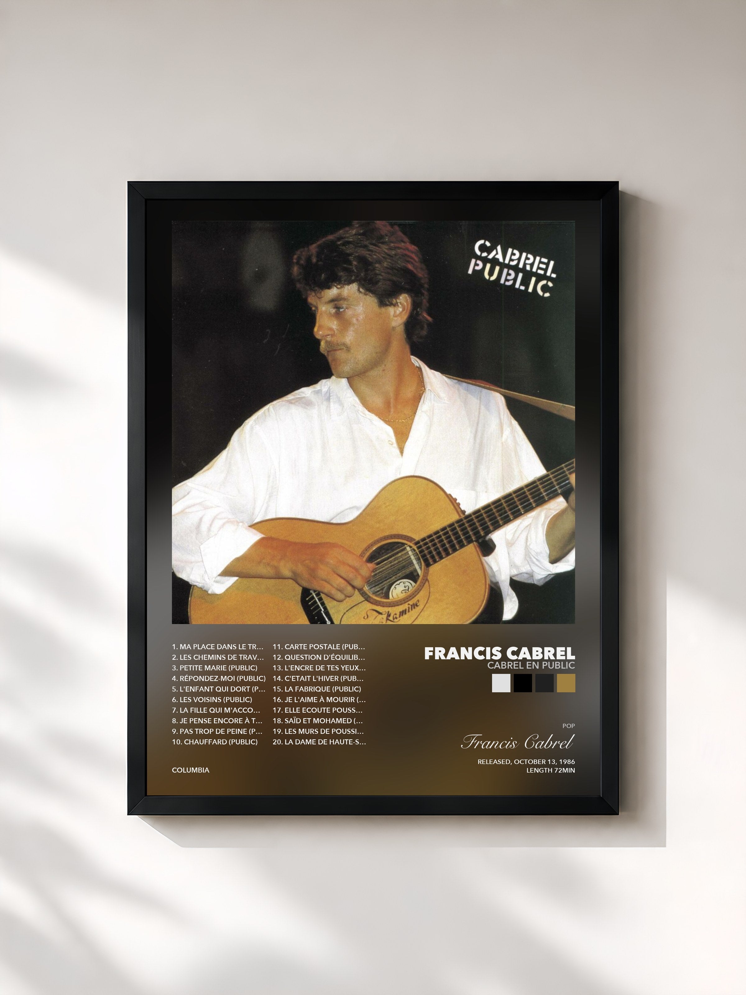 Tableau de l'album Cabrel en public de Francis Cabrel, imprimé et encadré en France