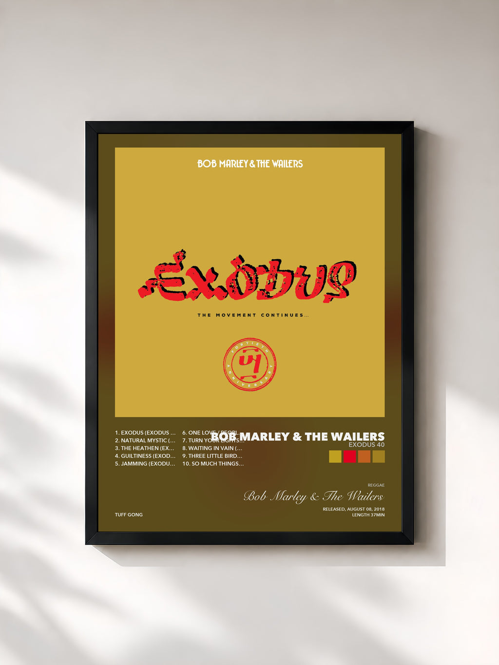 Tableau de l'album Exodus 40 de Bob Marley & The Wailers, imprimé et encadré en France