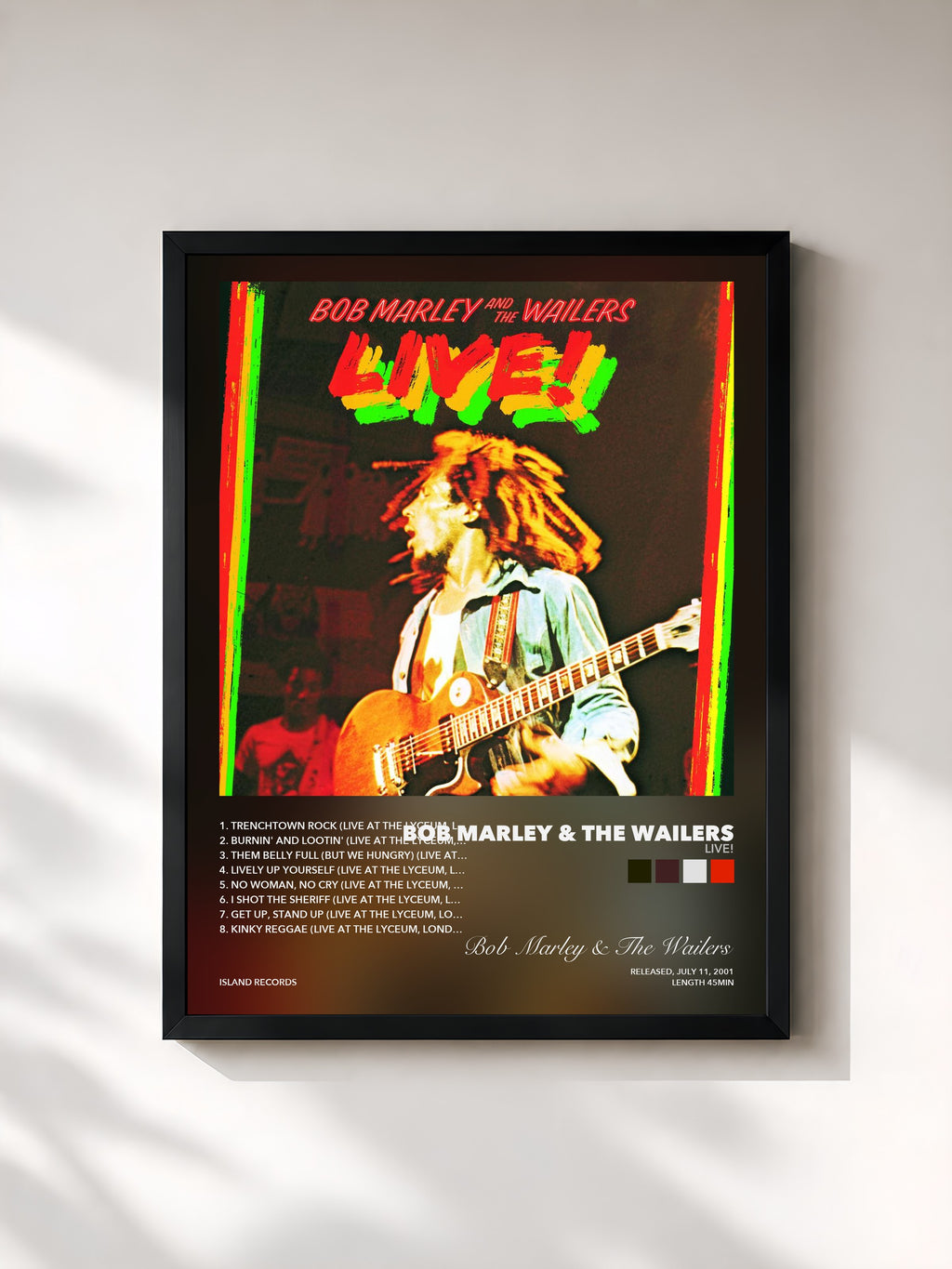 Tableau de l'album Live! de Bob Marley & The Wailers, imprimé et encadré en France