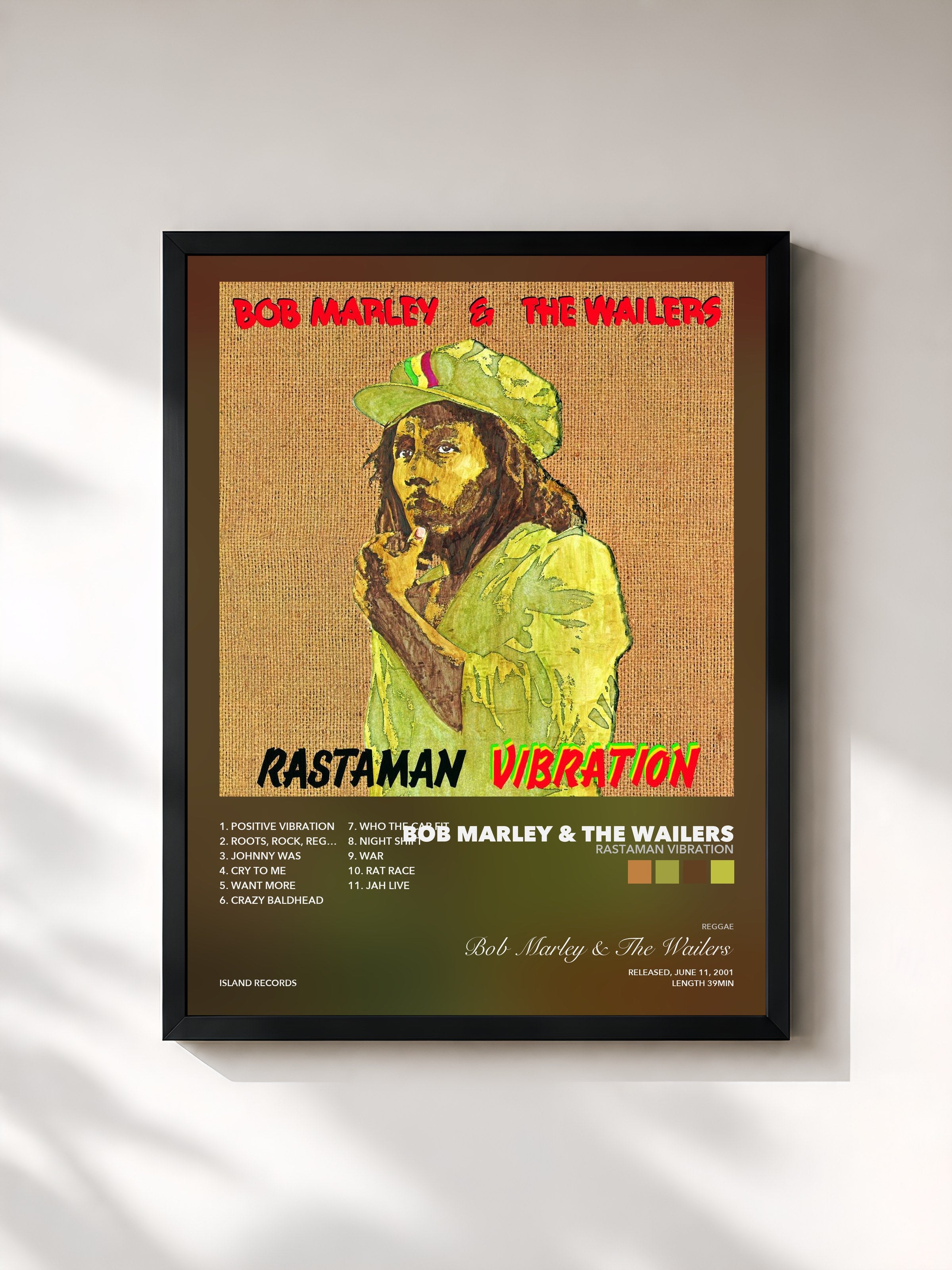 Tableau de l'album Rastaman Vibration de Bob Marley & The Wailers, imprimé et encadré en France