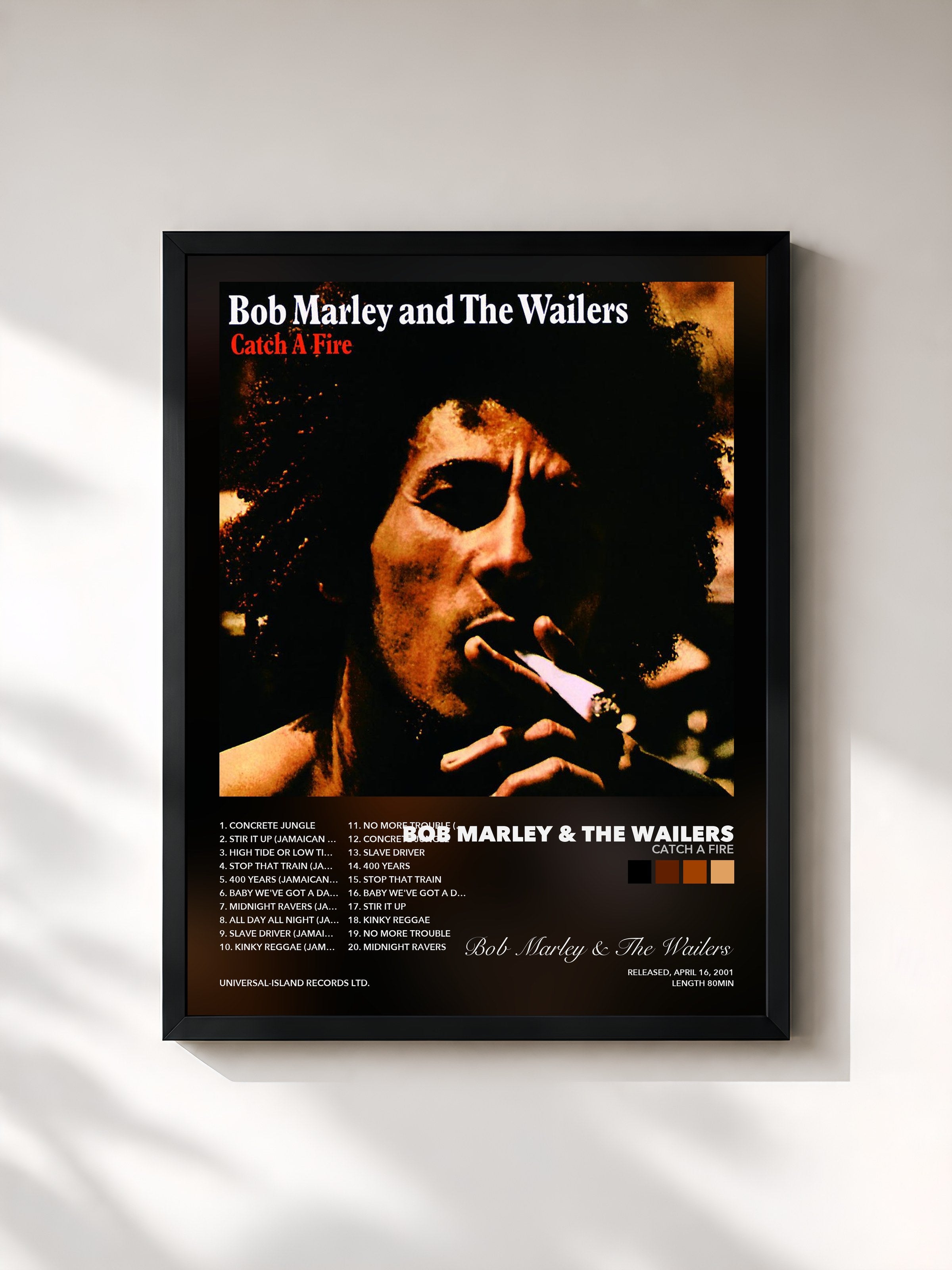 Tableau de l'album Catch A Fire de Bob Marley & The Wailers, imprimé et encadré en France